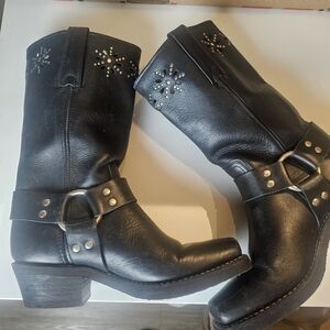 Frye Moto Boots Laser Cut Out Black Leather Mid Calf Women’s